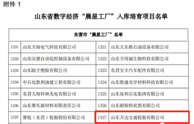 山東省工業(yè)和信息化廳近日發(fā)布了《關(guān)于開展數(shù)字經(jīng)濟(jì)“晨星工廠”入庫(kù)培育工作的通知》。山東萬(wàn)達(dá)寶通輪胎有限公司憑借其先進(jìn)的生產(chǎn)制造技術(shù)和產(chǎn)業(yè)智能化系統(tǒng)的優(yōu)勢(shì)，成功入選該計(jì)劃。這也是該公司為推動(dòng)數(shù)字經(jīng)濟(jì)發(fā)展，加快傳統(tǒng)制造業(yè)數(shù)字化、智能化轉(zhuǎn)型升級(jí)工作所獲得的又一榮譽(yù)。
