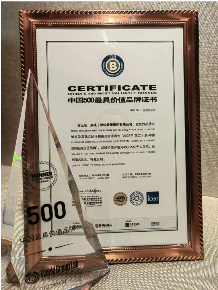 雙錢輪胎以其強(qiáng)大的品牌實(shí)力成功入選了“中國500最具價(jià)值品牌”排行榜，位列第223位，其品牌價(jià)值高達(dá)438億元。