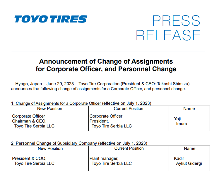 東洋輪胎塞爾維亞工廠宣布兩項(xiàng)重要任命