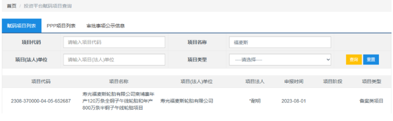 山東省投資項(xiàng)目在線審批監(jiān)管平臺披露，壽光福麥斯輪胎有限公司“柬埔寨年產(chǎn)120萬條全鋼子午線輪胎和年產(chǎn)800萬條半鋼子午線輪胎項(xiàng)目”備案。