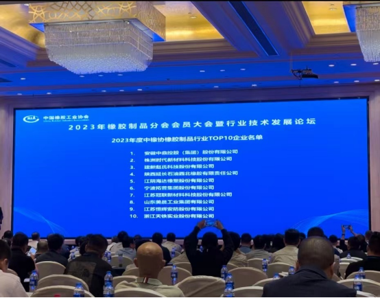 本次大會上，2023年度全國橡膠制品行業(yè)“十強”企業(yè)名單重磅出爐。名單顯示，安徽中鼎控股(集團)股份有限公司、株洲時代新材料科技股份有限公司、建新趙氏科技股份有限公司在2023年的綜合實力和市場地位上取得了顯著成就，獲得了橡膠制品行業(yè)“十強”企業(yè)前三名的榮譽。