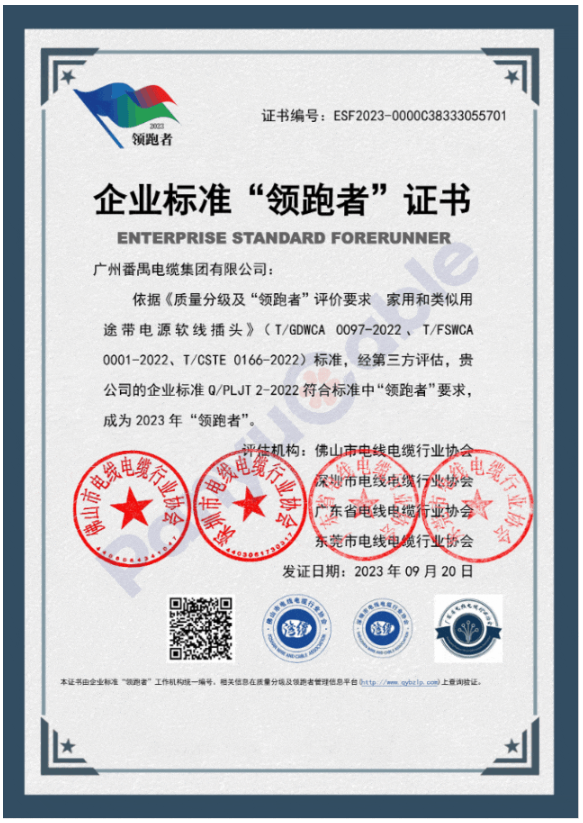 宣布了2023年首批民營(yíng)企業(yè)國(guó)家級(jí)“領(lǐng)跑者”名單。其中，番纜集團(tuán)憑借其柔性防火電纜、橡套電線電纜、家用和類似用途交流帶插頭電源軟線產(chǎn)品的卓越品質(zhì)，榮獲2023年度民營(yíng)企業(yè)標(biāo)準(zhǔn)“領(lǐng)跑者”證書，為該行業(yè)樹立了新的標(biāo)桿。